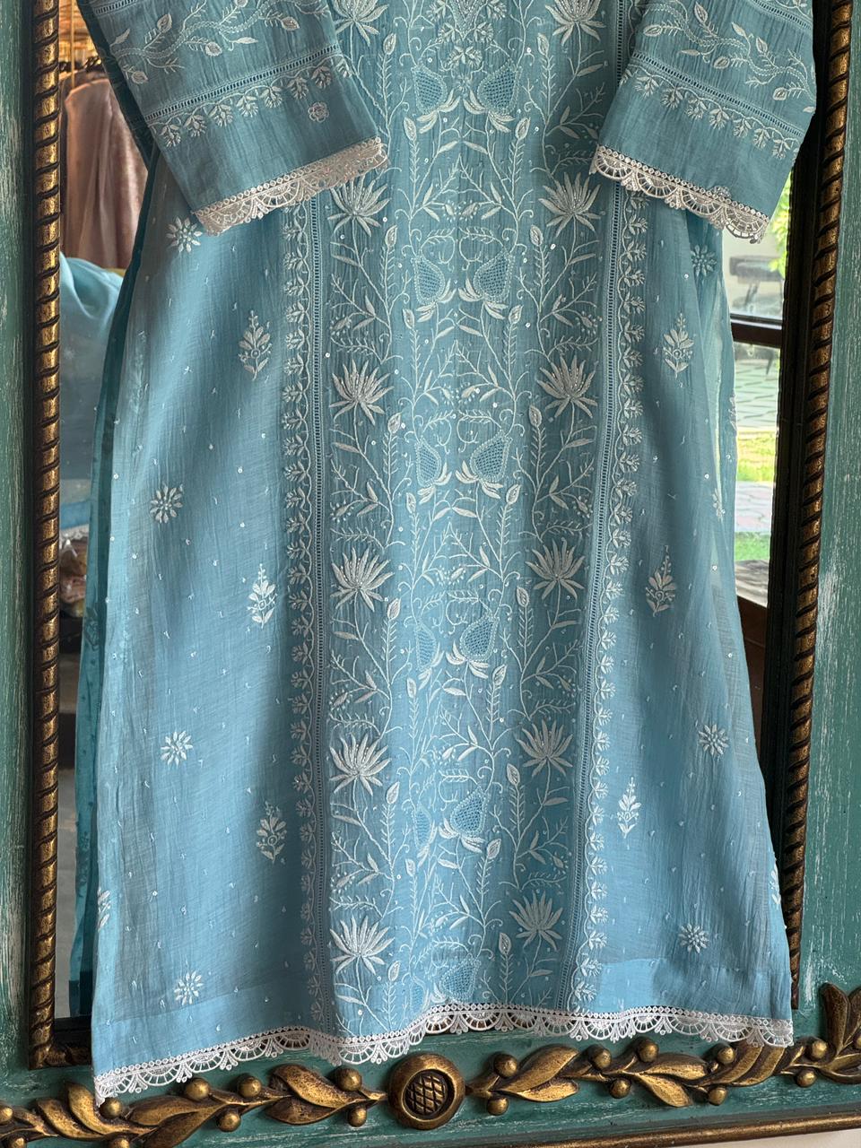 Slate Blue Mulmul Pearl White Chikankari Ready to Wear Kurta Set