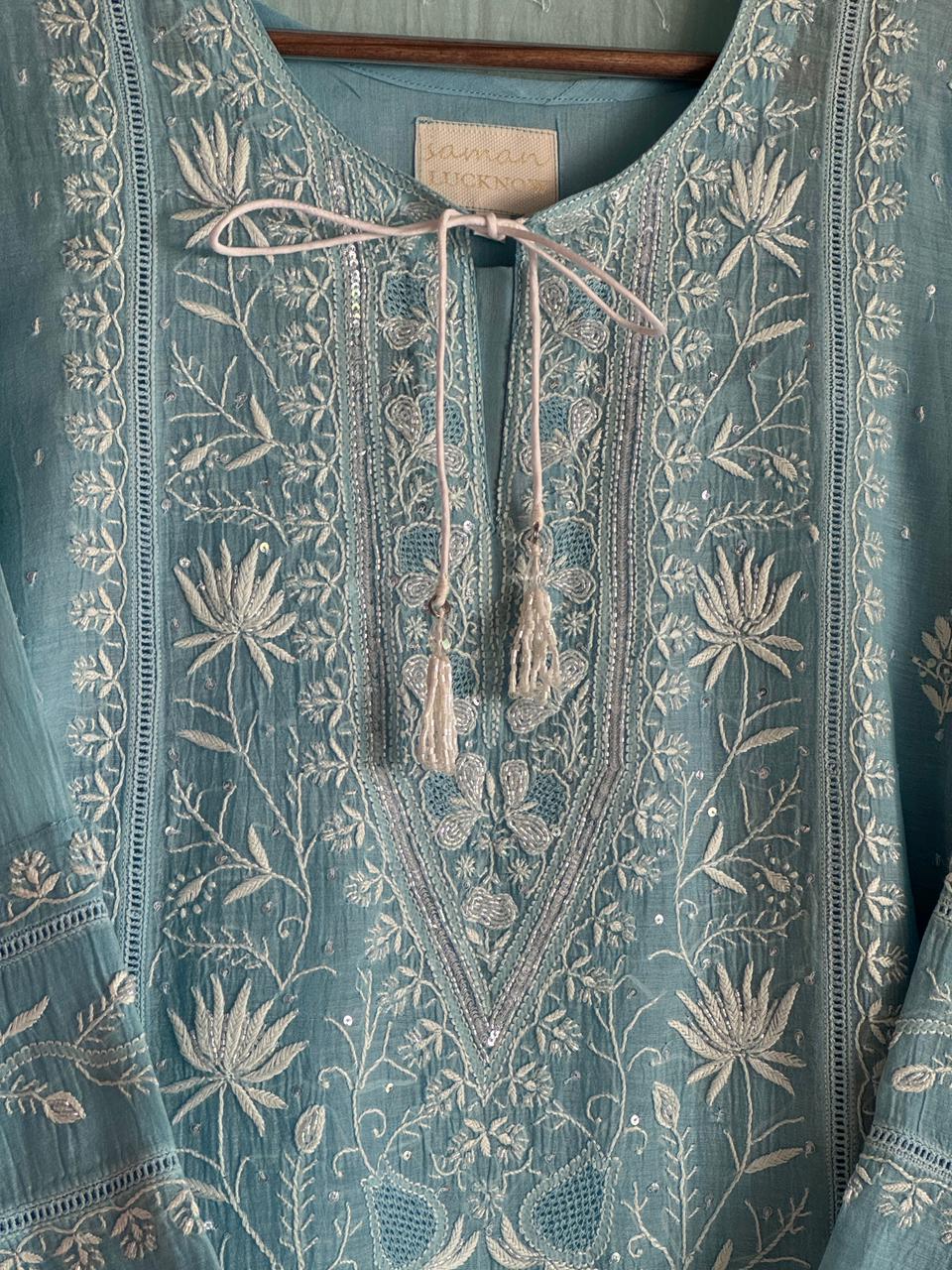 Slate Blue Mulmul Pearl White Chikankari Ready to Wear Kurta Set