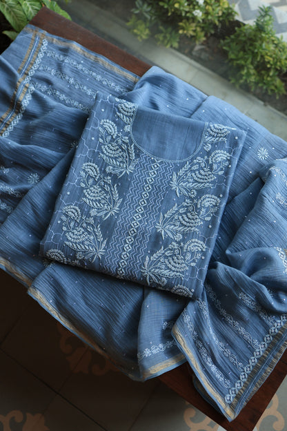 Slate Blue Shade Malmal Pearl Work Chikankari Fabrics