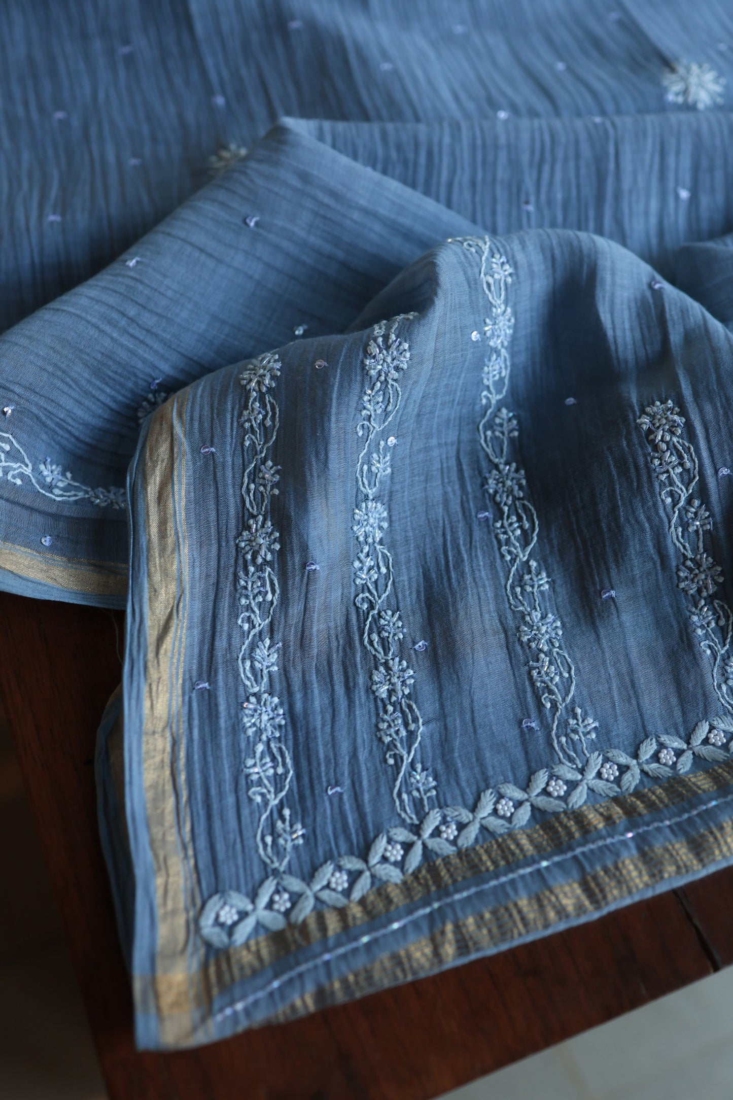 Slate Blue Shade Malmal Pearl Work Chikankari Fabrics