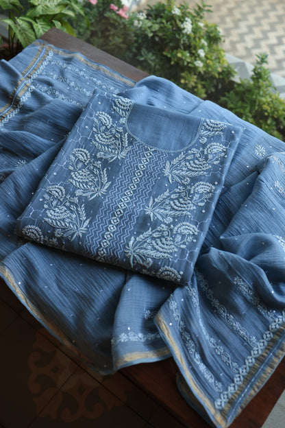 Slate Blue Shade Malmal Pearl Work Chikankari Fabrics