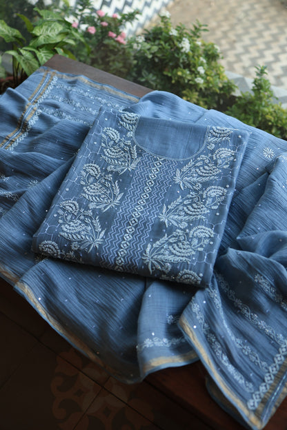 Slate Blue Shade Malmal Pearl Work Chikankari Fabrics