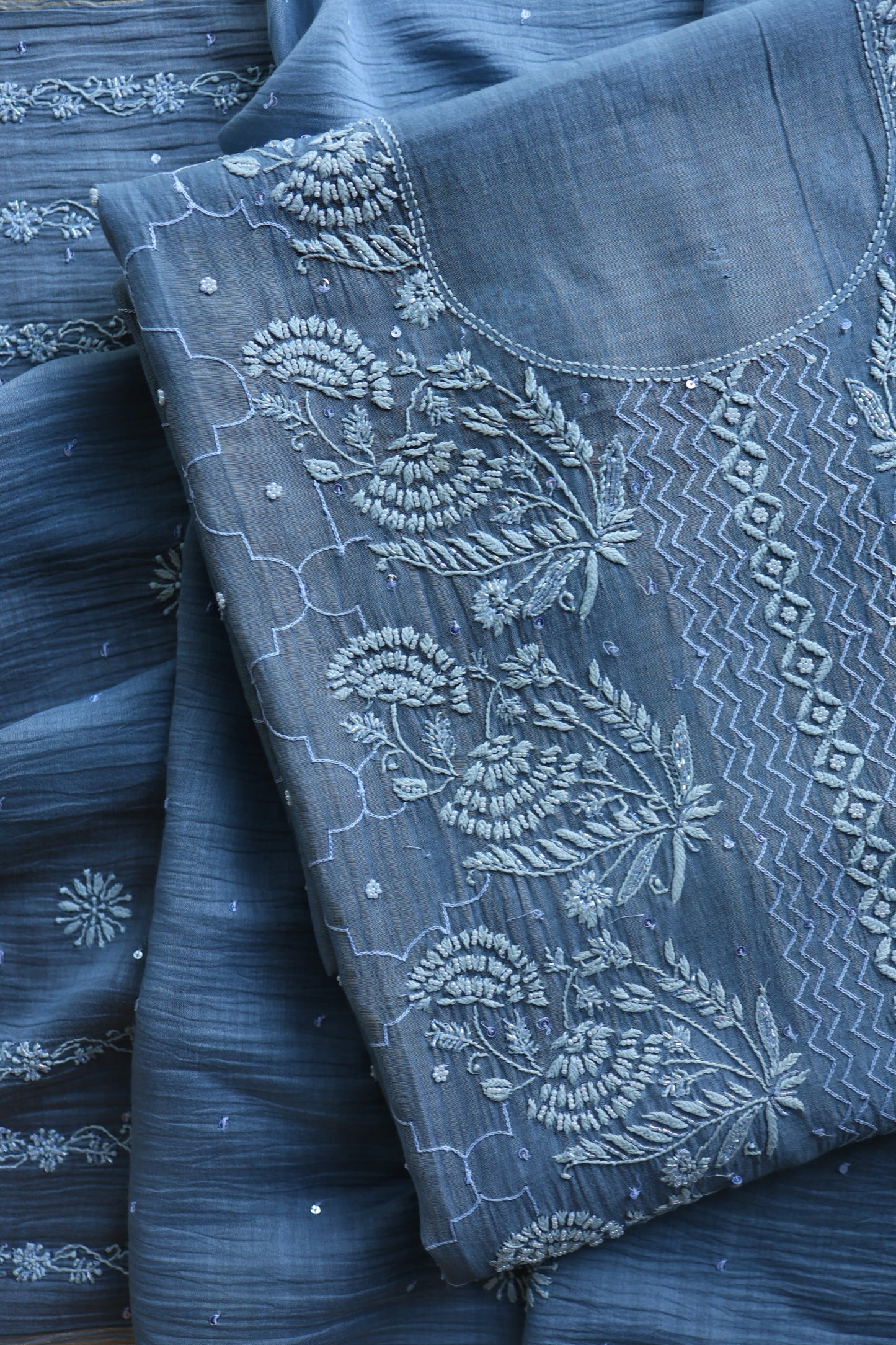 Slate Blue Shade Malmal Pearl Work Chikankari Fabrics