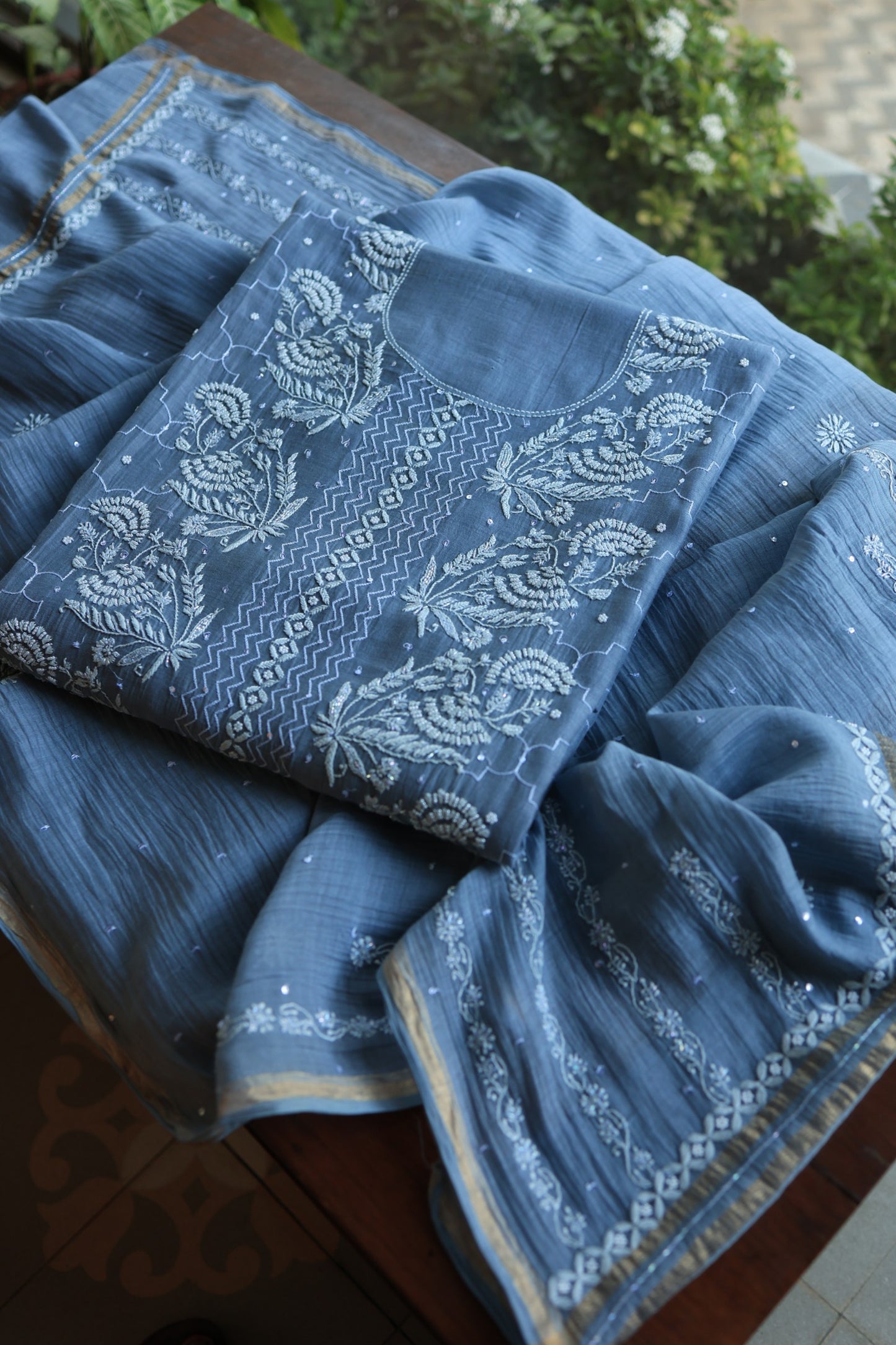 Slate Blue Shade Malmal Pearl Work Chikankari Fabrics