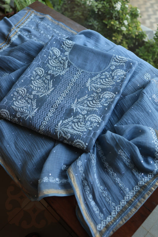 Slate Blue Shade Malmal Pearl Work Chikankari Fabrics