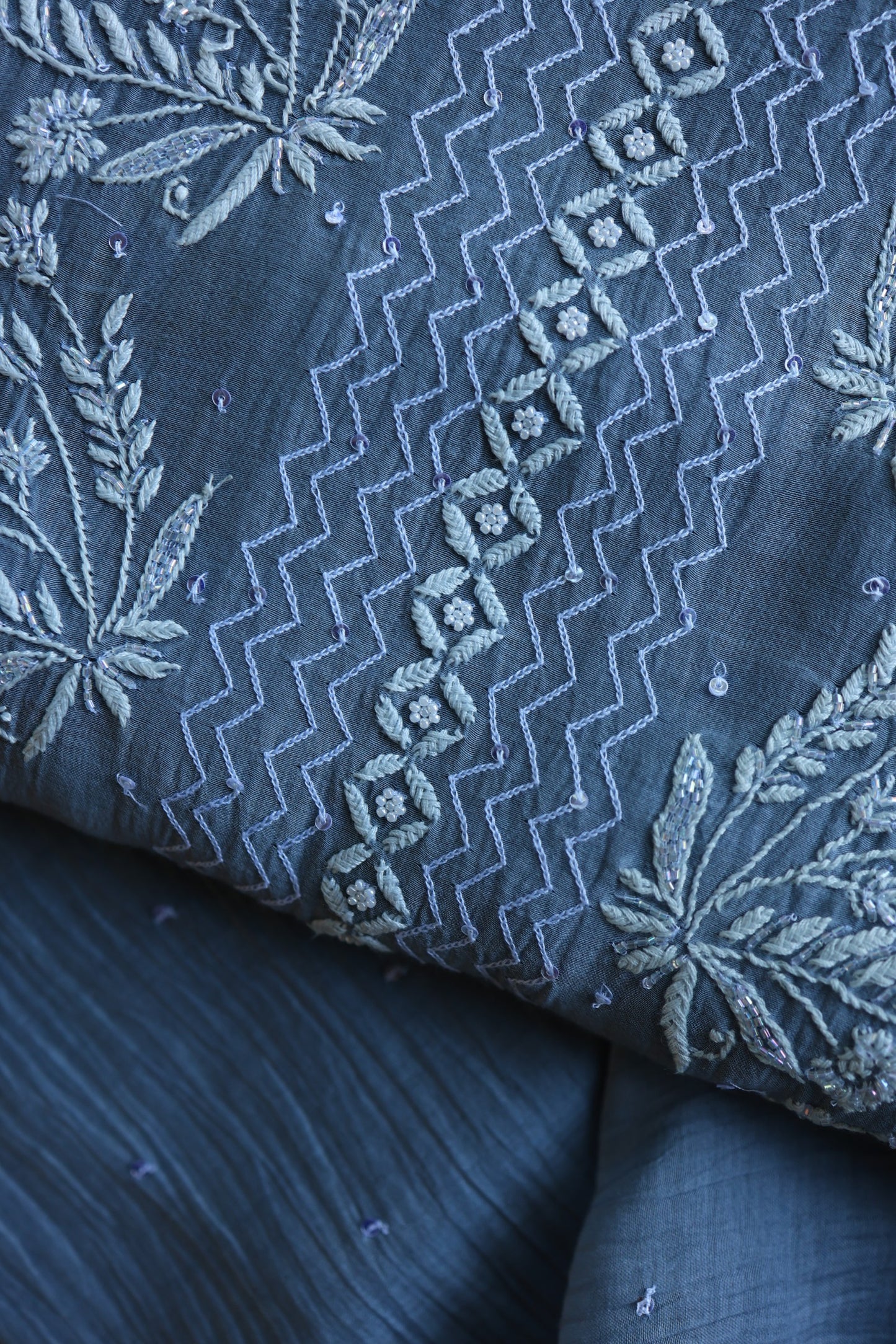 Slate Blue Shade Malmal Pearl Work Chikankari Fabrics