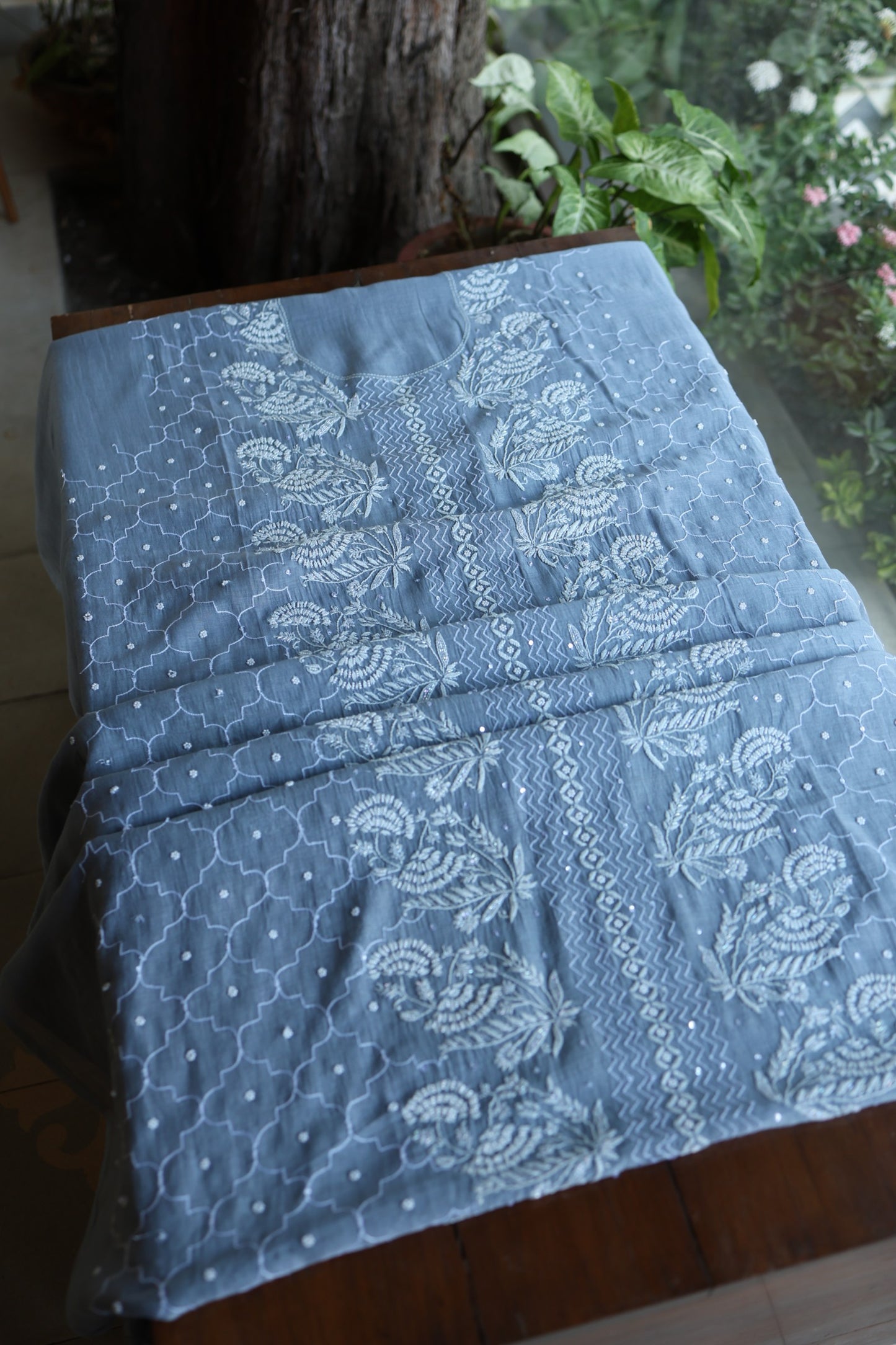 Slate Blue Shade Malmal Pearl Work Chikankari Fabrics