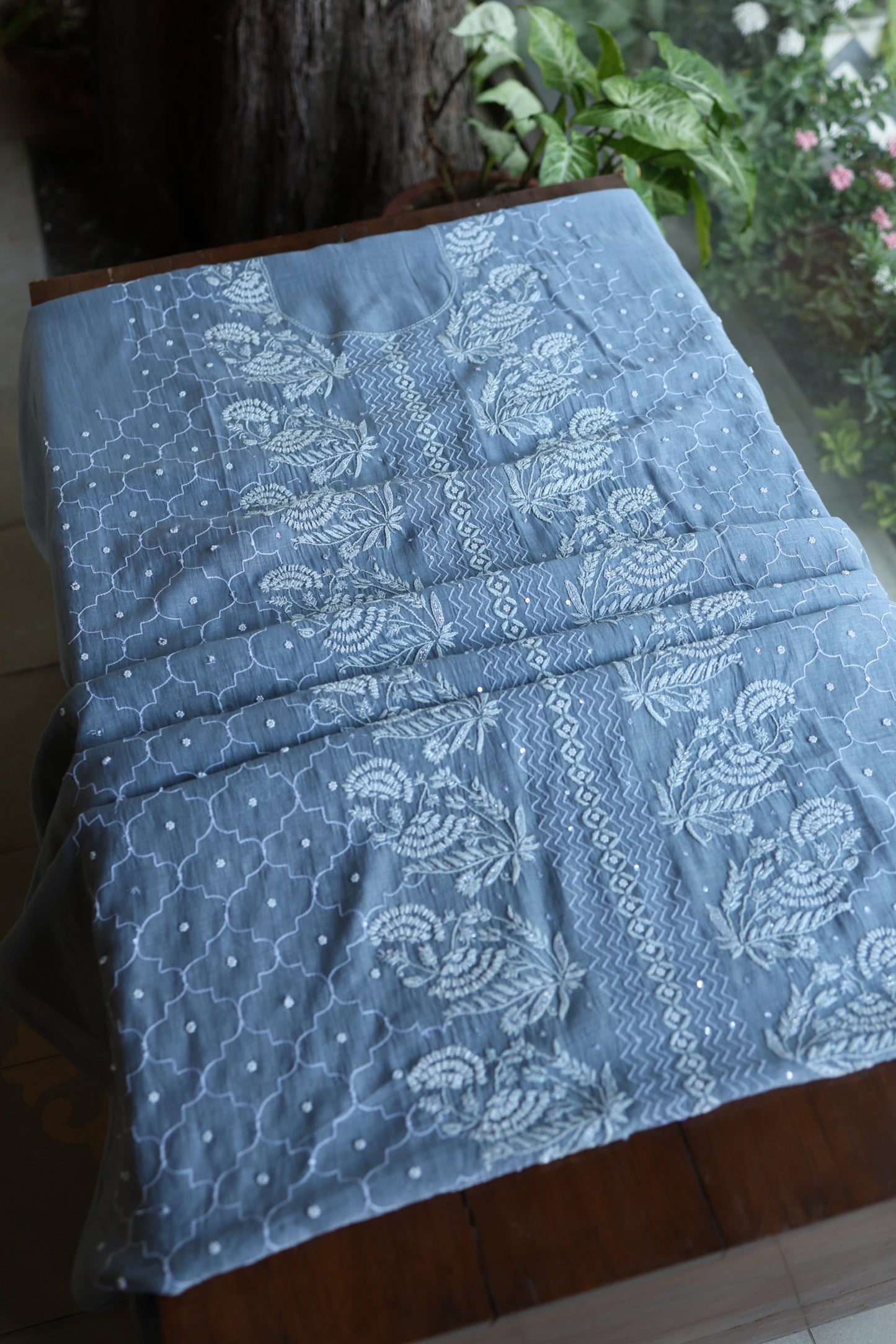 Slate Blue Shade Malmal Pearl Work Chikankari Fabrics