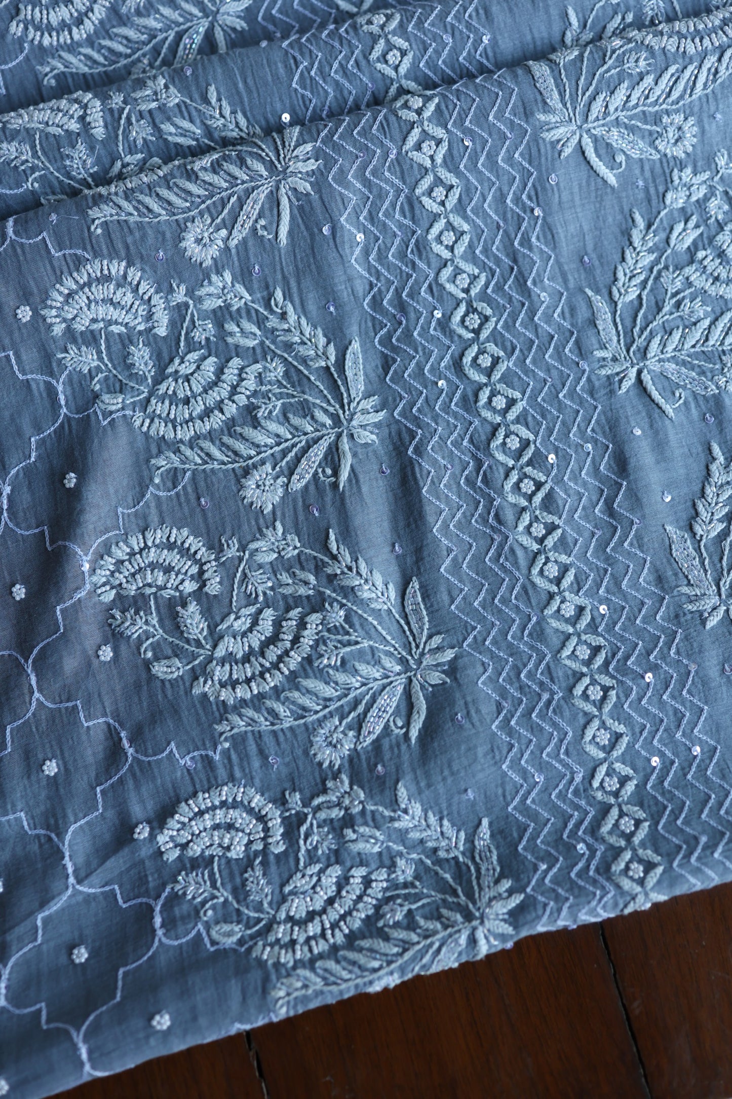 Slate Blue Shade Malmal Pearl Work Chikankari Fabrics