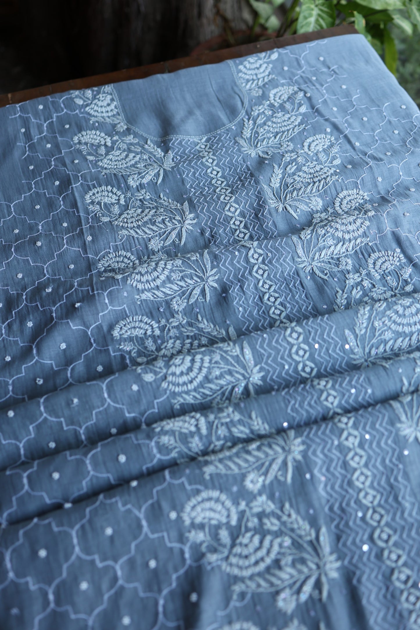 Slate Blue Shade Malmal Pearl Work Chikankari Fabrics