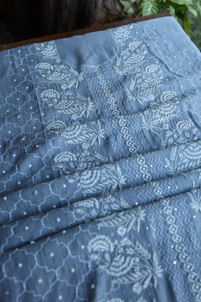 Slate Blue Shade Malmal Pearl Work Chikankari Fabrics