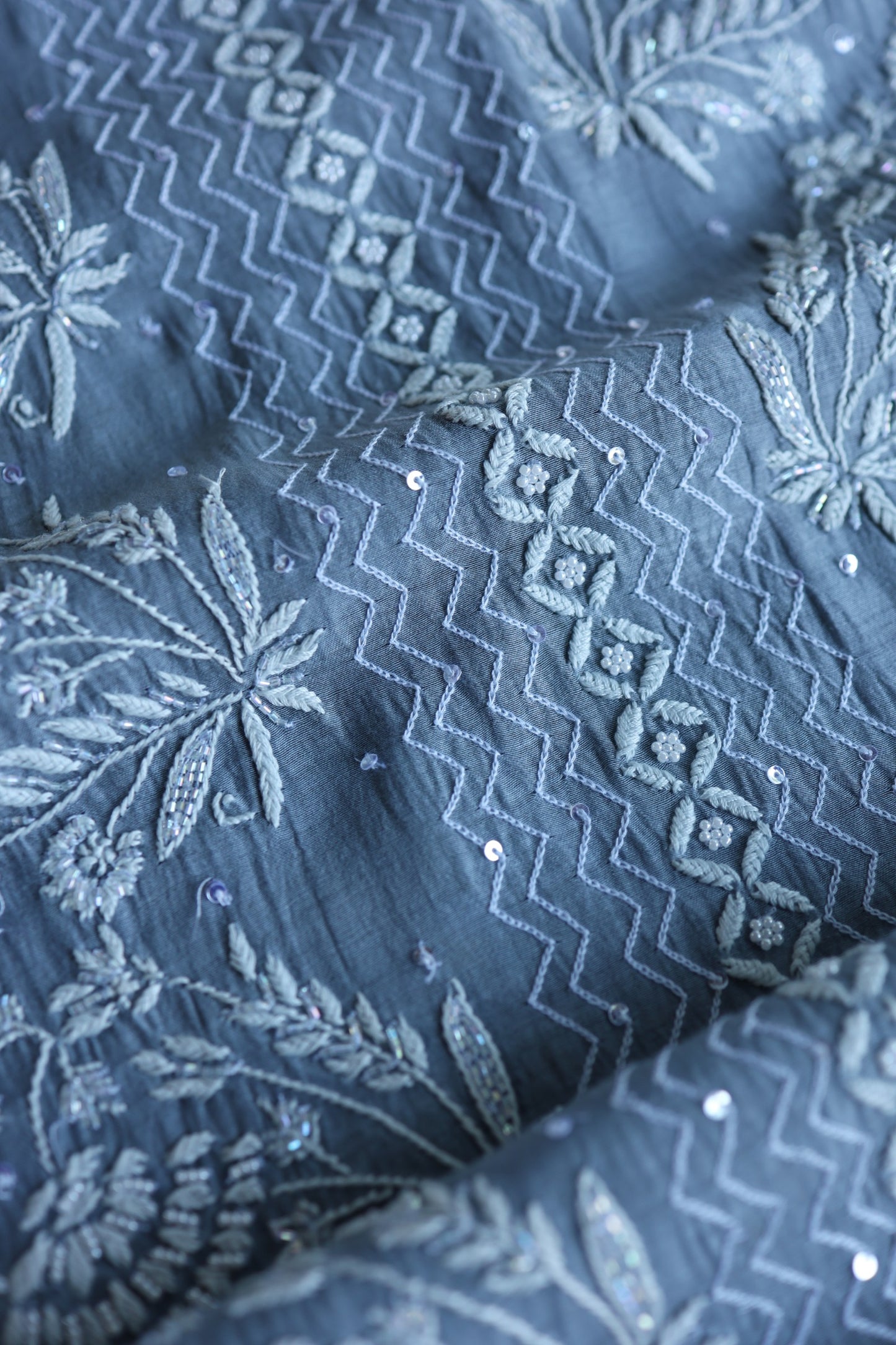 Slate Blue Shade Malmal Pearl Work Chikankari Fabrics