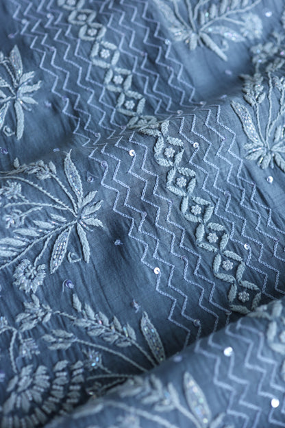 Slate Blue Shade Malmal Pearl Work Chikankari Fabrics