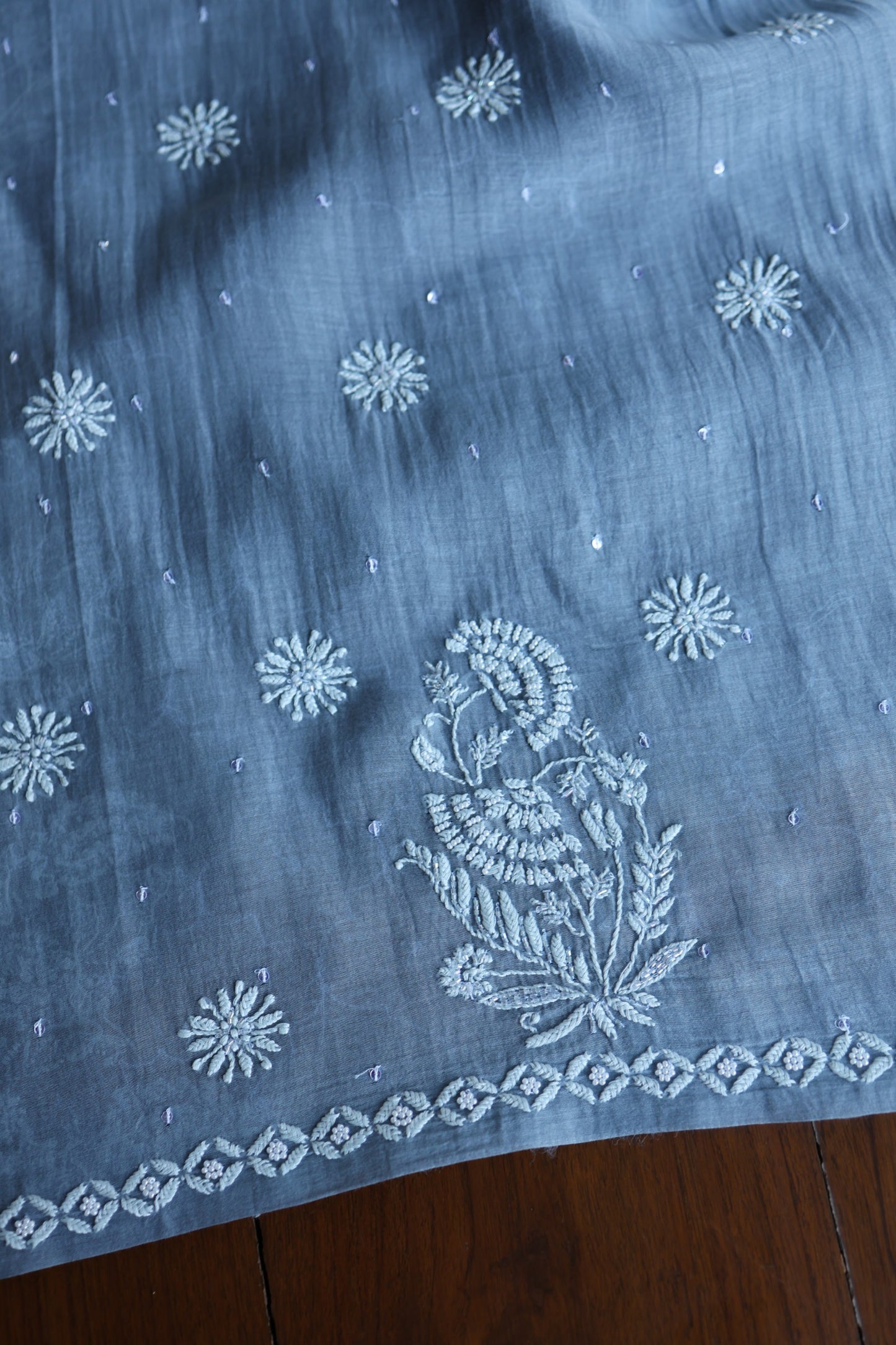 Slate Blue Shade Malmal Pearl Work Chikankari Fabrics