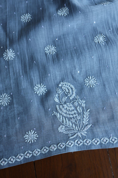 Slate Blue Shade Malmal Pearl Work Chikankari Fabrics