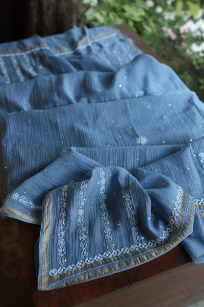 Slate Blue Shade Malmal Pearl Work Chikankari Fabrics