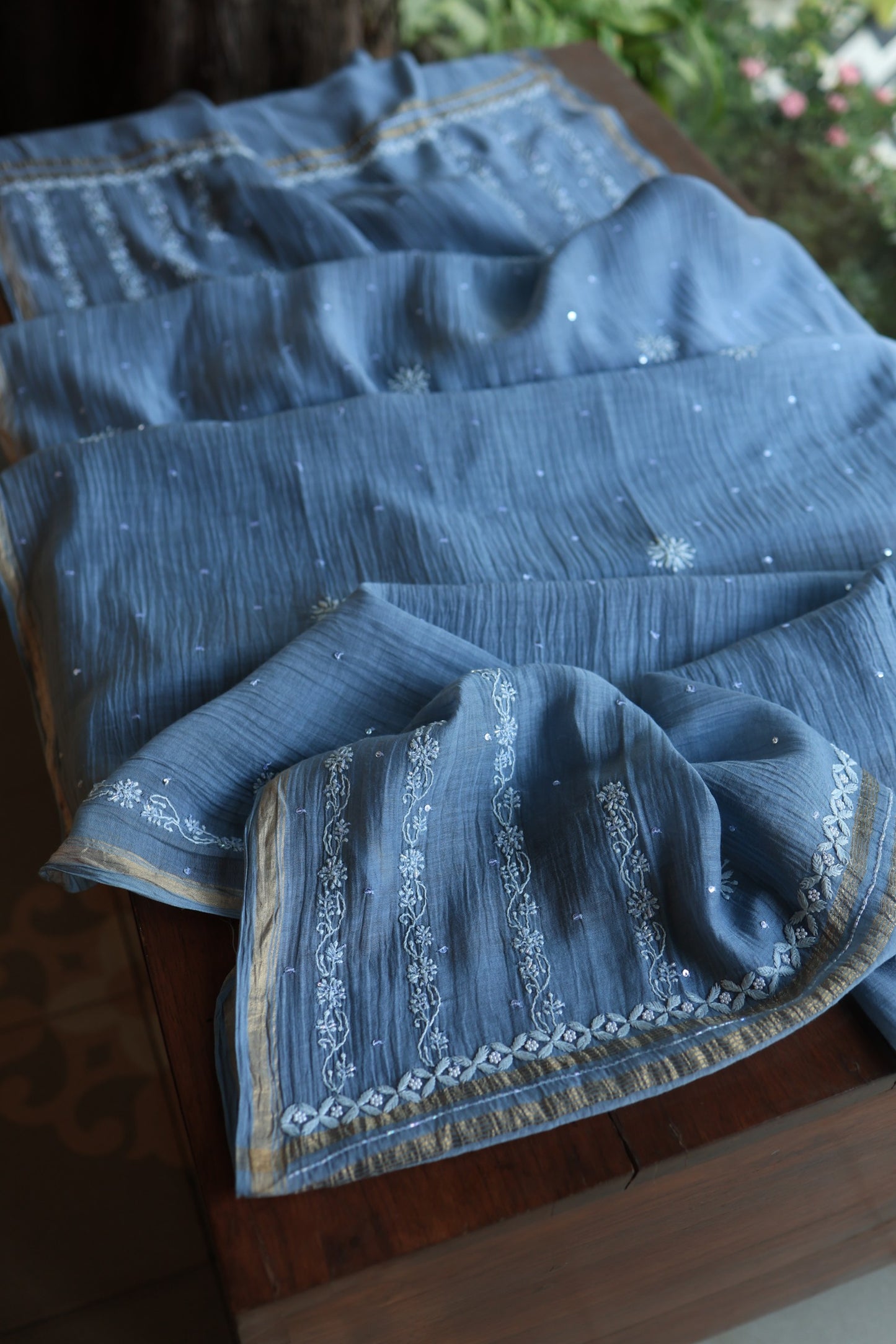 Slate Blue Shade Malmal Pearl Work Chikankari Fabrics