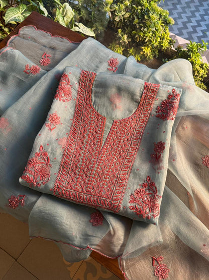 Slate Blue Shade Noor Organza Silk Chikankari Unstitched Fabric