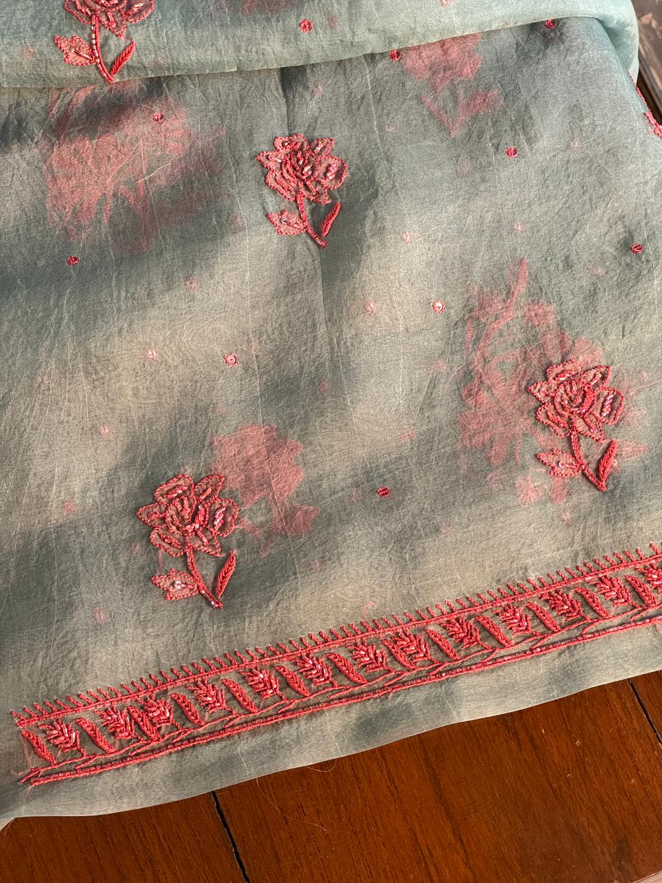 Slate Blue Shade Noor Organza Silk Chikankari Unstitched Fabric