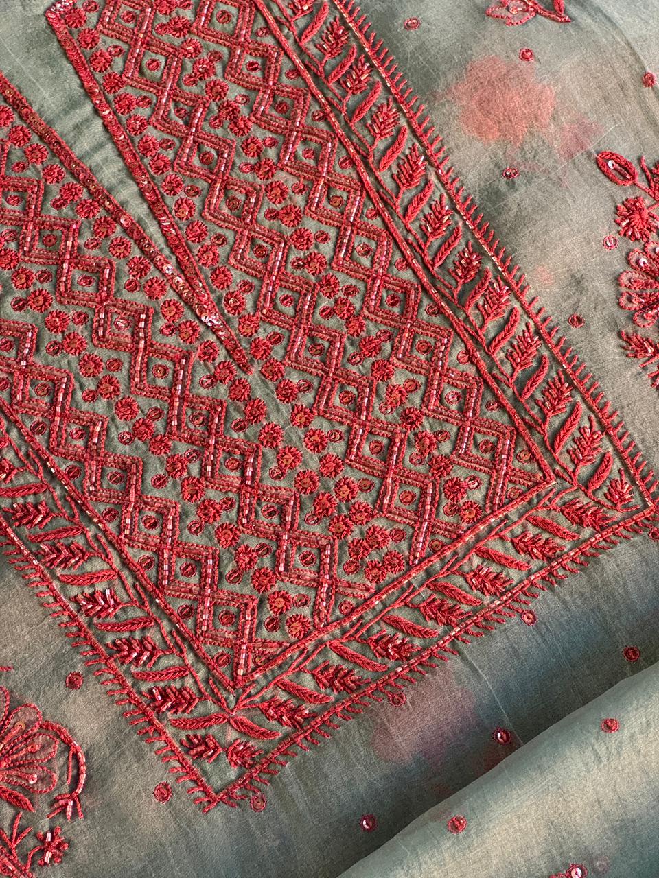 Slate Blue Shade Noor Organza Silk Chikankari Unstitched Fabric