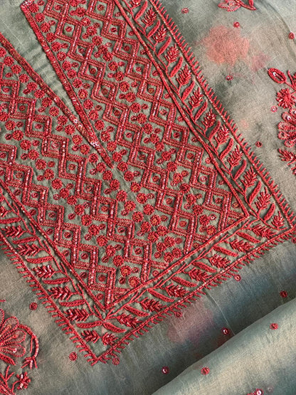 Slate Blue Shade Noor Organza Silk Chikankari Unstitched Fabric