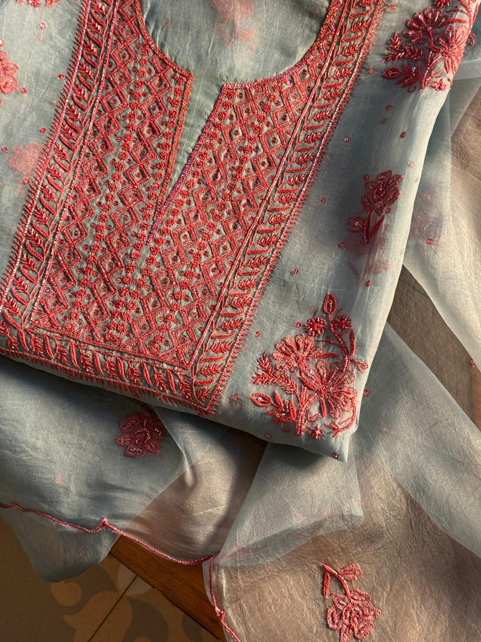 Slate Blue Shade Noor Organza Silk Chikankari Unstitched Fabric