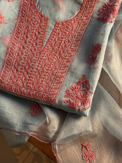 Slate Blue Shade Noor Organza Silk Chikankari Unstitched Fabric