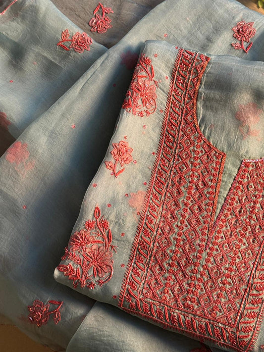 Slate Blue Shade Noor Organza Silk Chikankari Unstitched Fabric