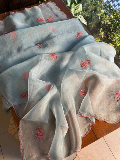 Slate Blue Shade Noor Organza Silk Chikankari Unstitched Fabric