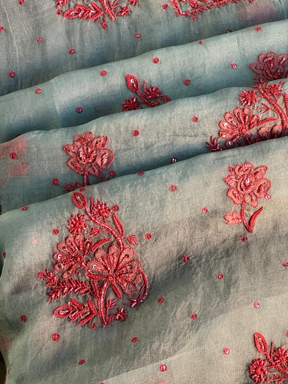 Slate Blue Shade Noor Organza Silk Chikankari Unstitched Fabric