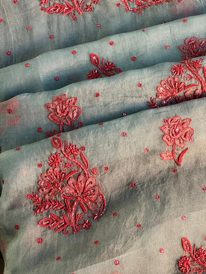 Slate Blue Shade Noor Organza Silk Chikankari Unstitched Fabric