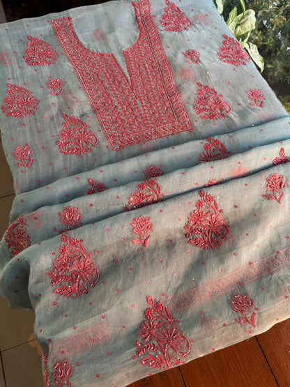 Slate Blue Shade Noor Organza Silk Chikankari Unstitched Fabric