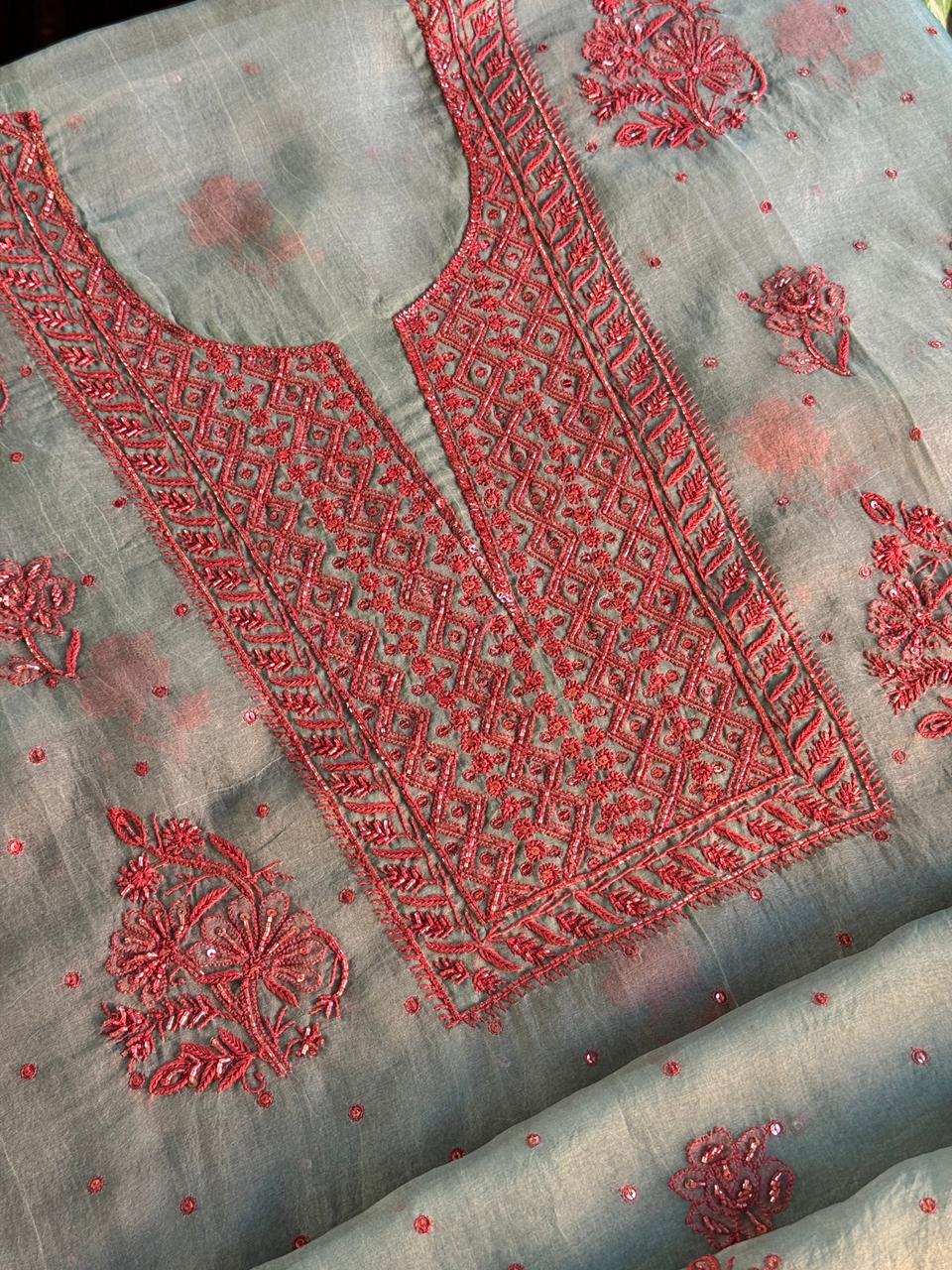 Slate Blue Shade Noor Organza Silk Chikankari Unstitched Fabric