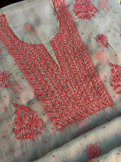 Slate Blue Shade Noor Organza Silk Chikankari Unstitched Fabric