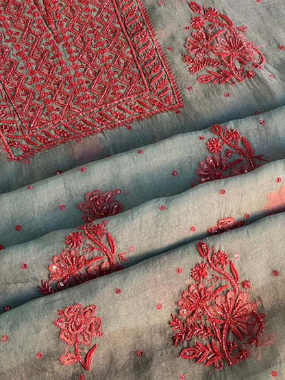 Slate Blue Shade Noor Organza Silk Chikankari Unstitched Fabric