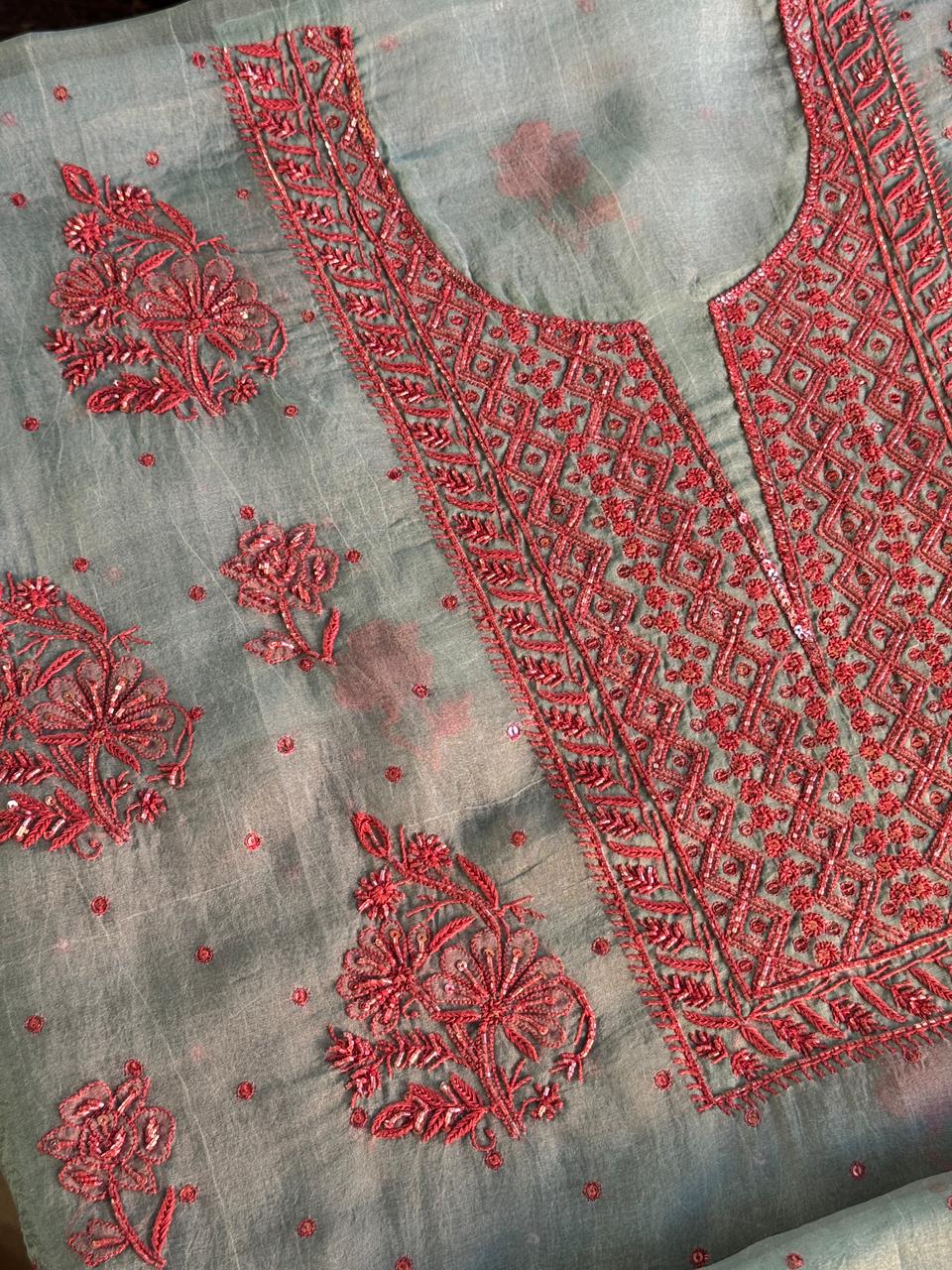 Slate Blue Shade Noor Organza Silk Chikankari Unstitched Fabric