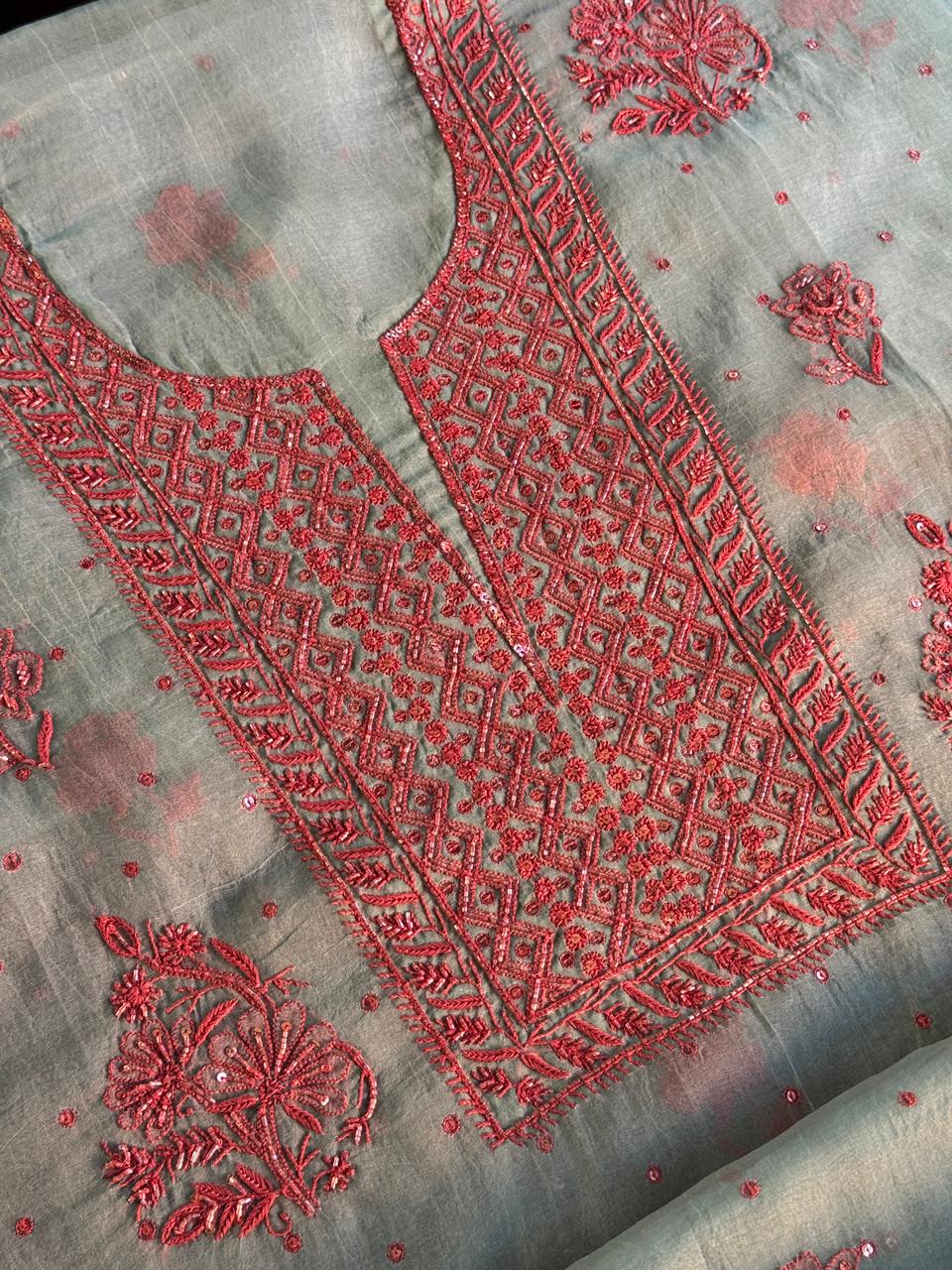 Slate Blue Shade Noor Organza Silk Chikankari Unstitched Fabric