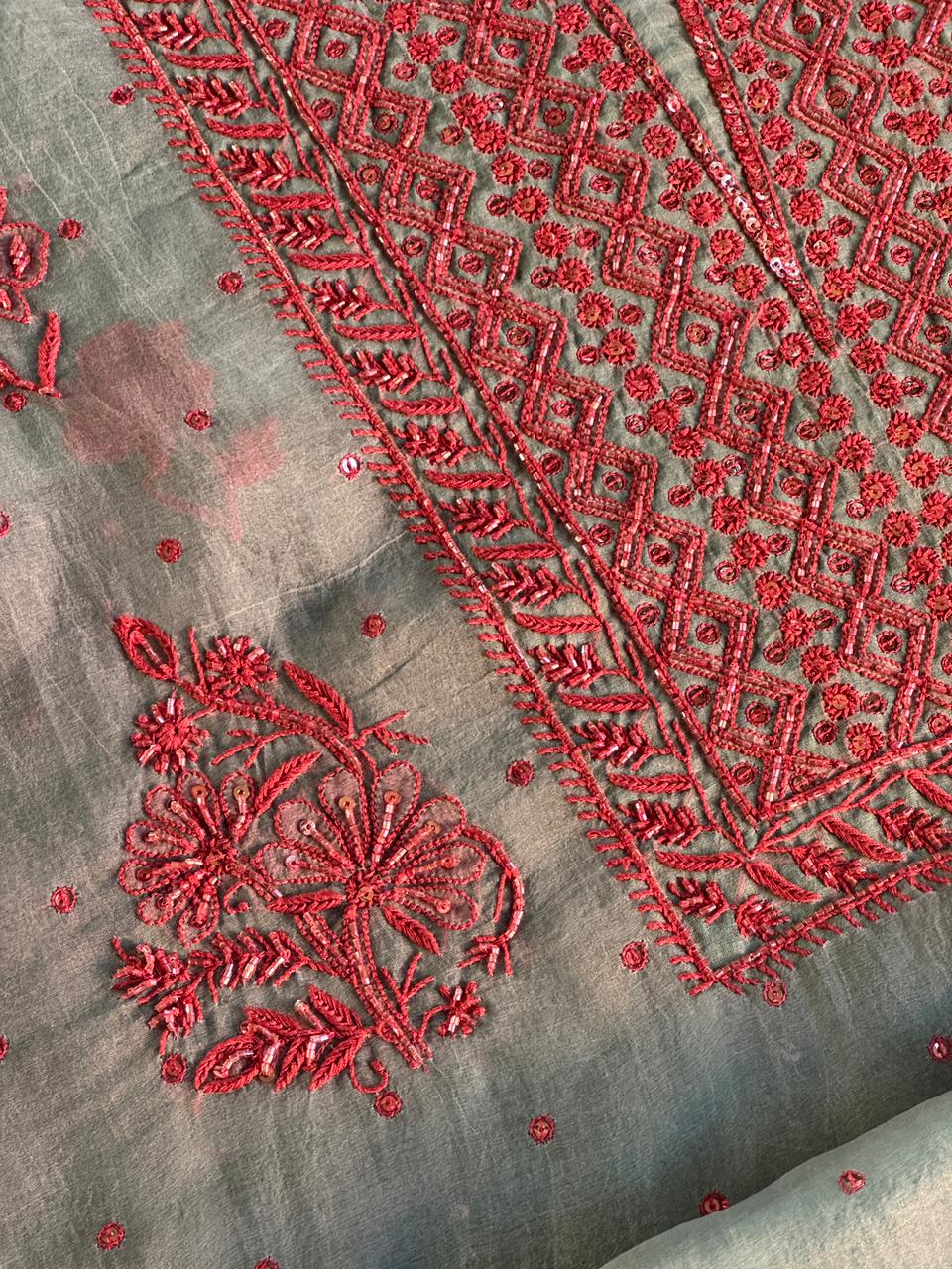 Slate Blue Shade Noor Organza Silk Chikankari Unstitched Fabric