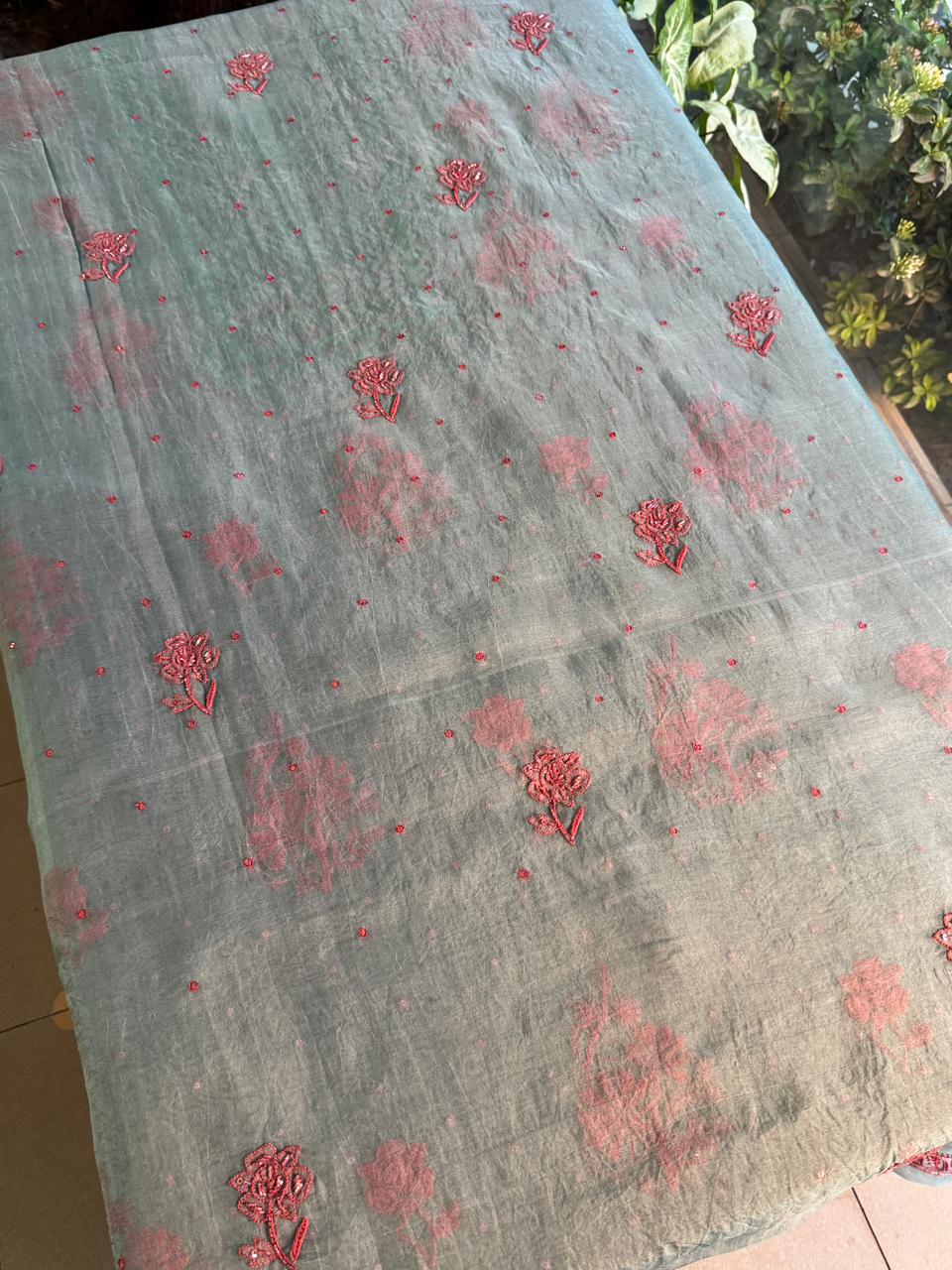 Slate Blue Shade Noor Organza Silk Chikankari Unstitched Fabric
