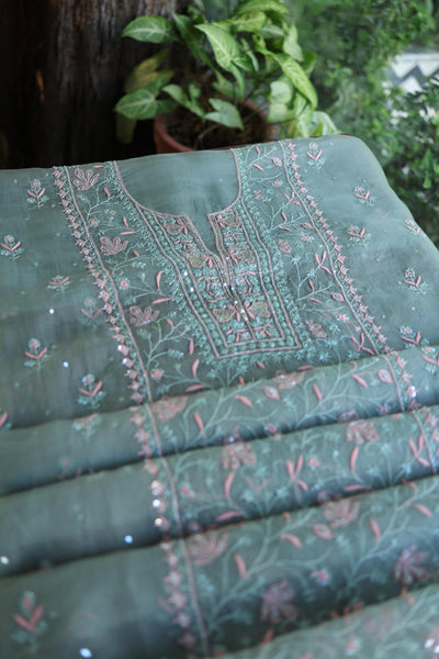 Slate Green Shade Noor Organza Silk Chikankari Unstitched Kurta Dupatta Set