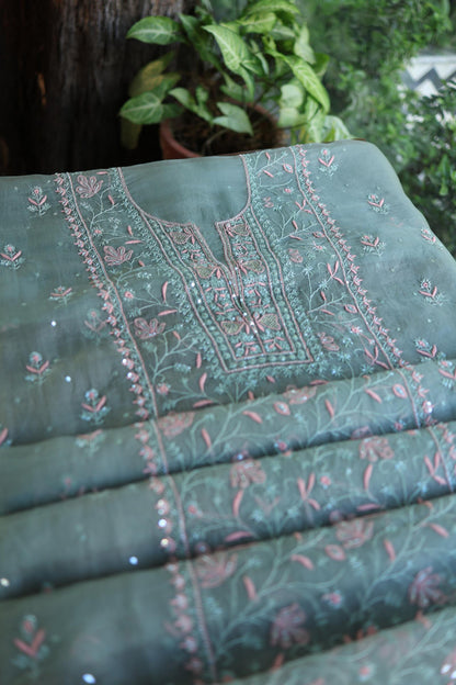 Slate Green Shade Noor Organza Silk Chikankari Unstitched Kurta Dupatta Set