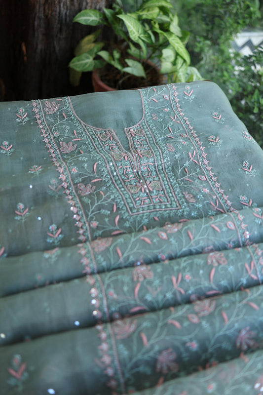 Slate Blue Shade Noor Organza Silk Chikankari Unstitched Kurta Dupatta Set