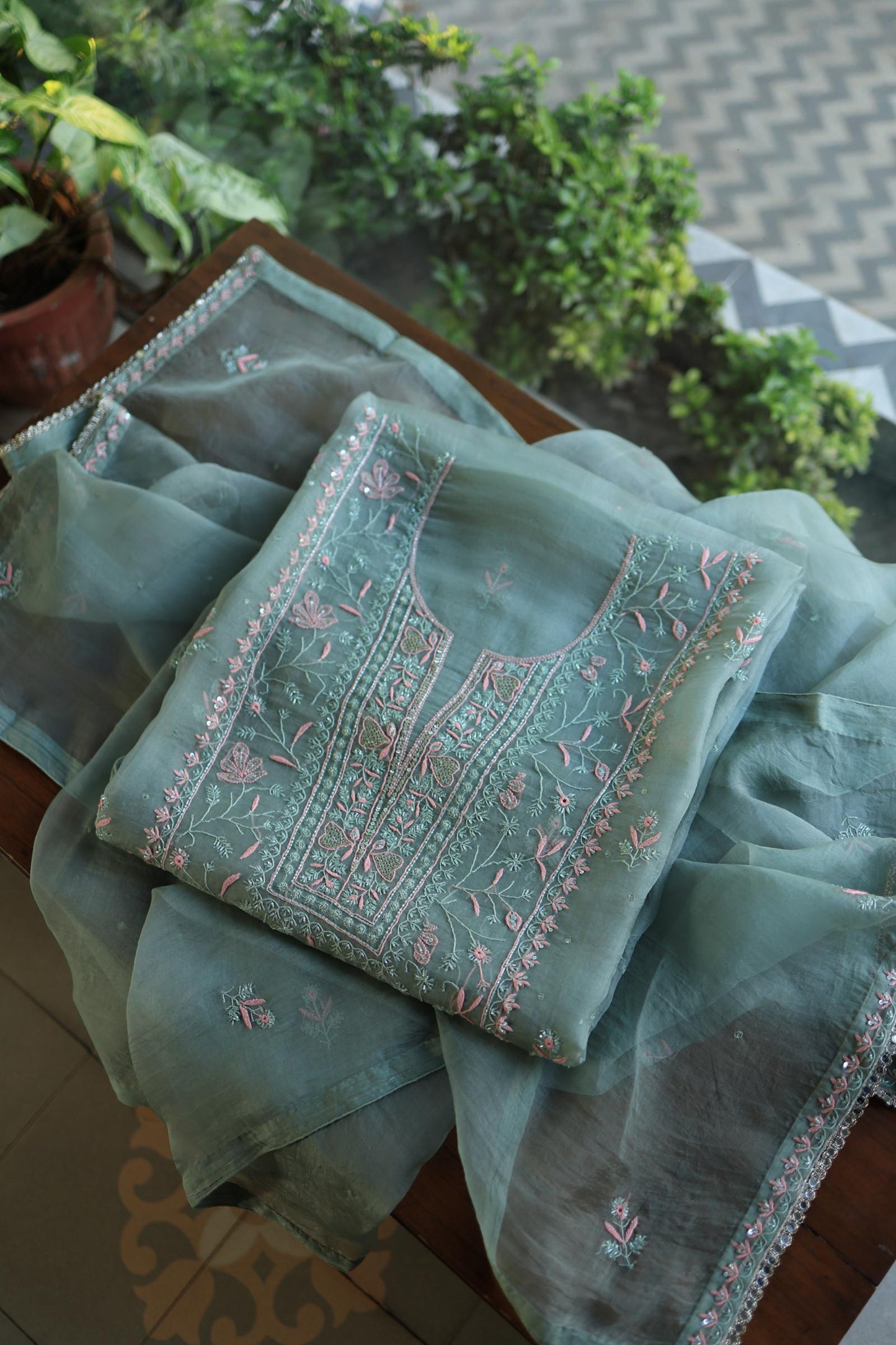 Slate Green Shade Noor Organza Silk Chikankari Unstitched Kurta Dupatta Set