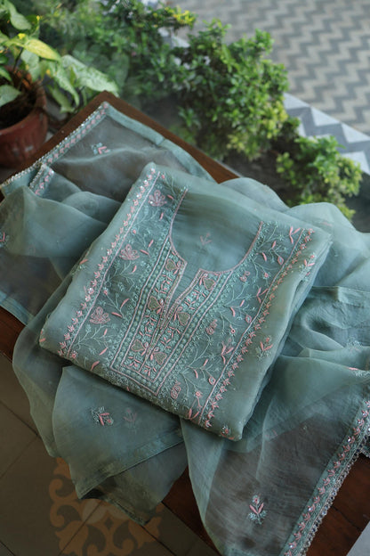 Slate Green Shade Noor Organza Silk Chikankari Unstitched Kurta Dupatta Set