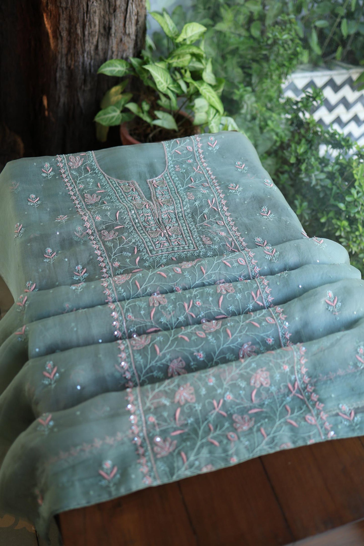 Slate Green Shade Noor Organza Silk Chikankari Unstitched Kurta Dupatta Set