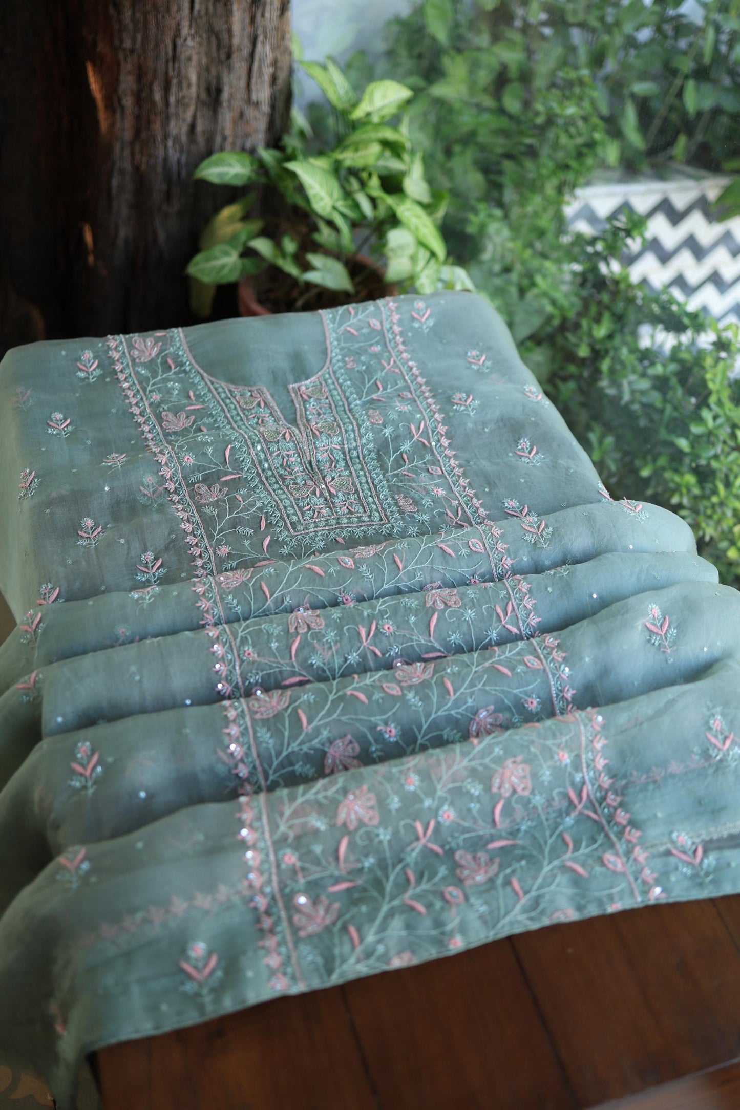 Slate Green Shade Noor Organza Silk Chikankari Unstitched Kurta Dupatta Set