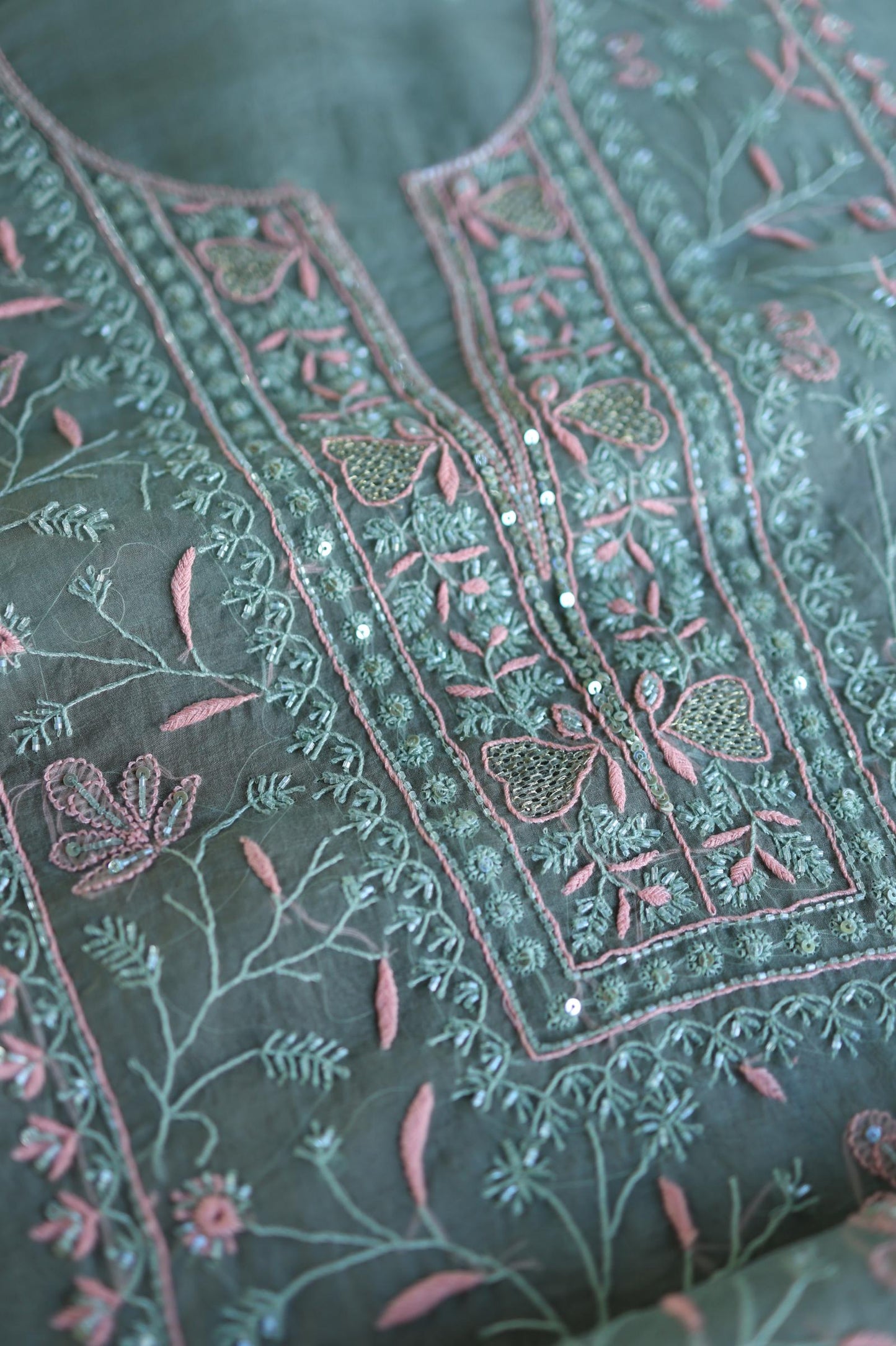 Slate Green Shade Noor Organza Silk Chikankari Unstitched Kurta Dupatta Set