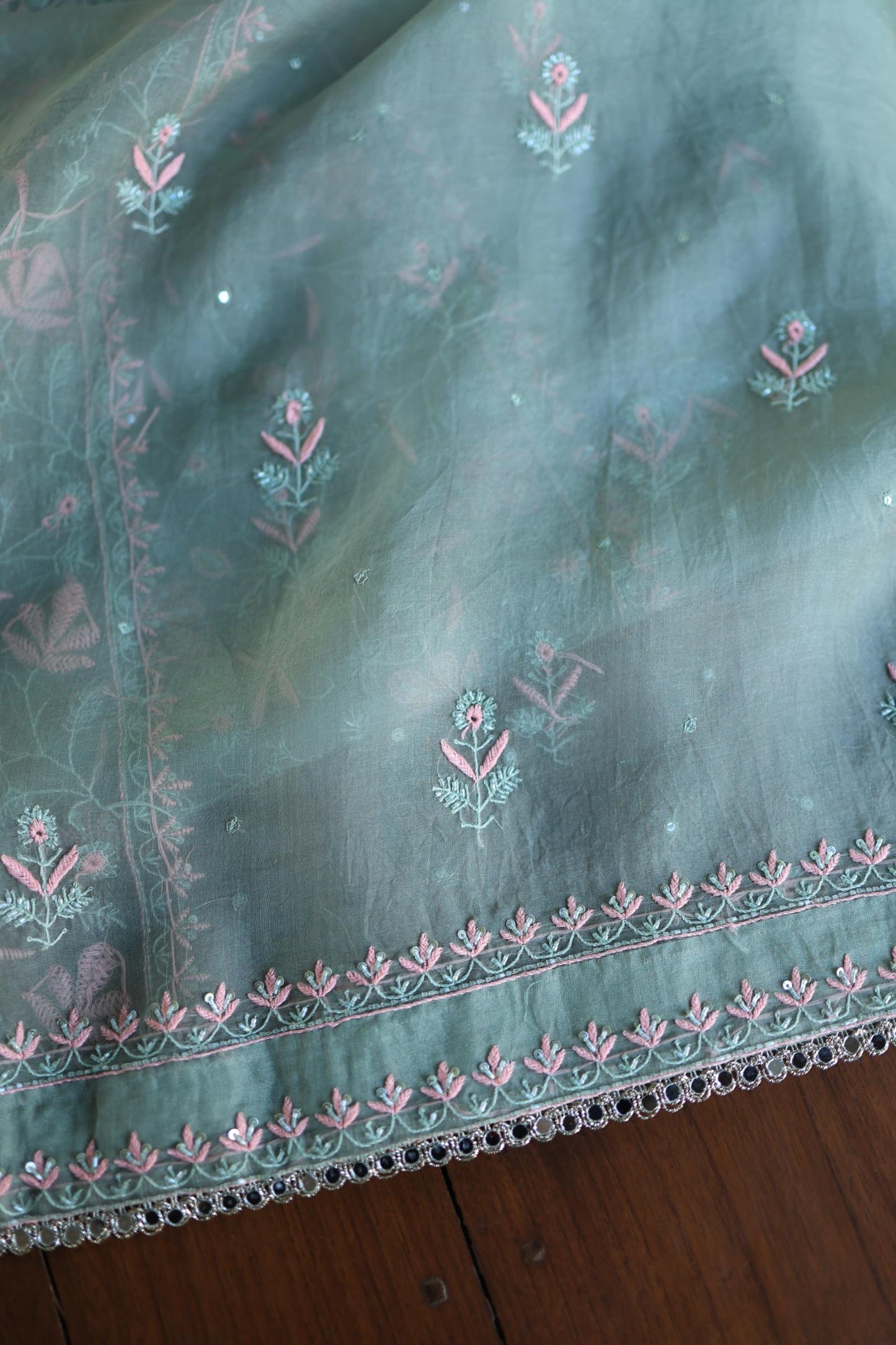 Slate Green Shade Noor Organza Silk Chikankari Unstitched Kurta Dupatta Set