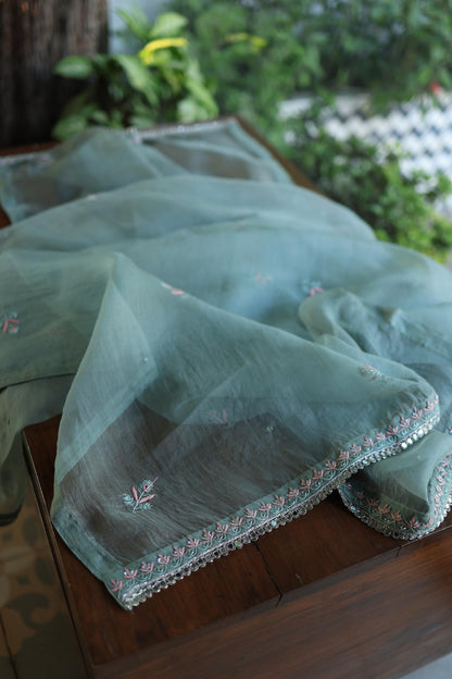 Slate Green Shade Noor Organza Silk Chikankari Unstitched Kurta Dupatta Set