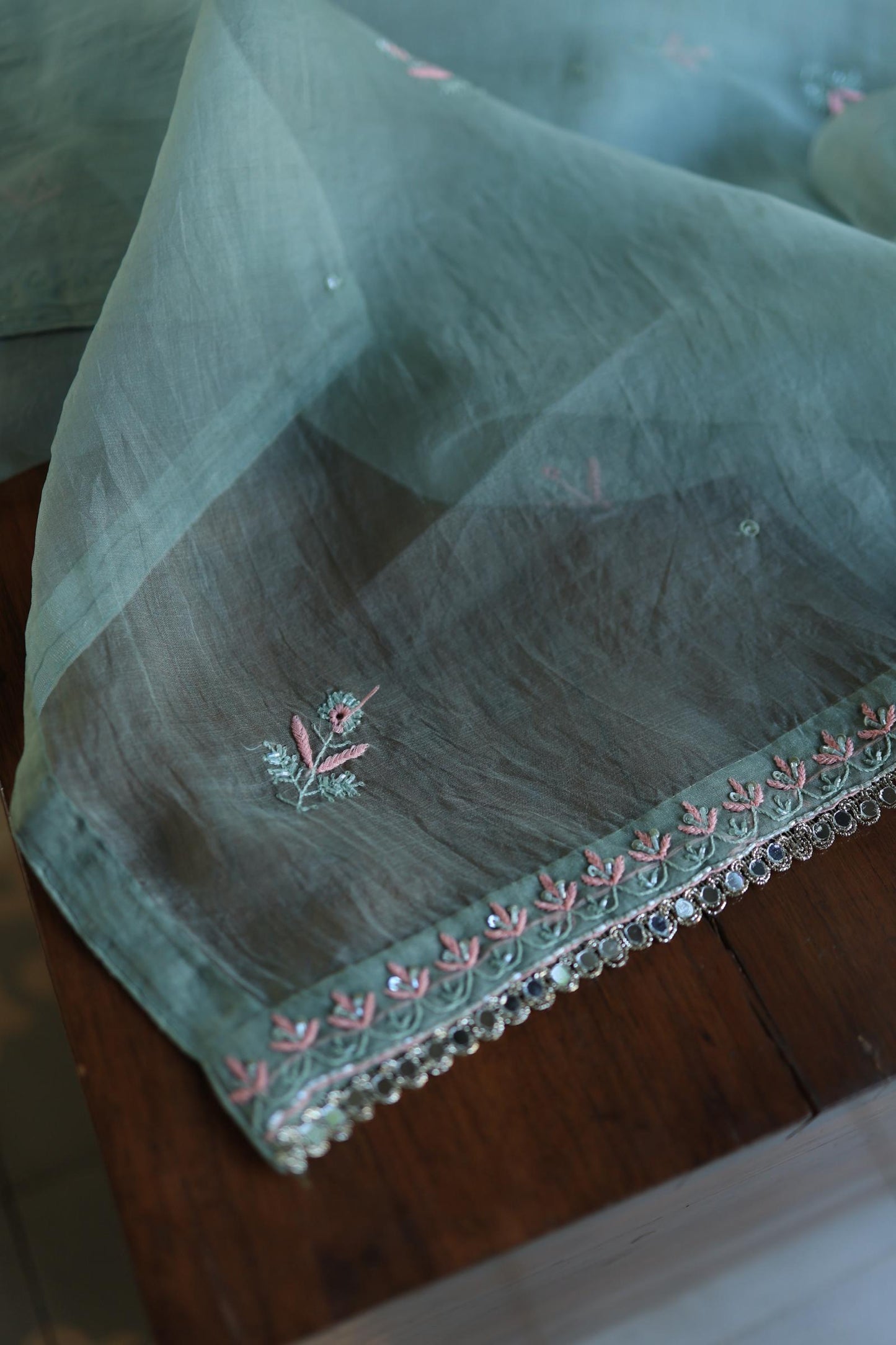 Slate Green Shade Noor Organza Silk Chikankari Unstitched Kurta Dupatta Set